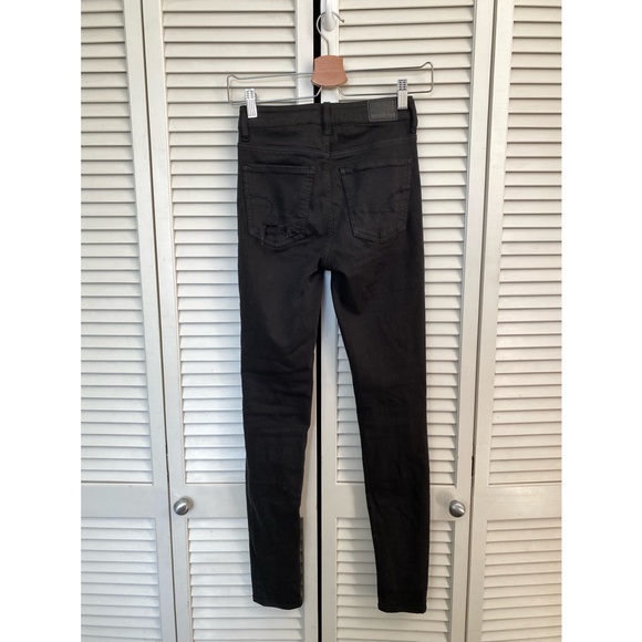 AEO Black Button Fly Super High Rise Jegging Jeans Distressed 00 skinny - Picture 2 of 8